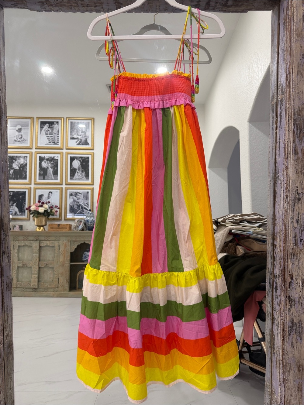 FARM Rio Bright Multicolor Stripe Maxi Dress with Beaded Straps